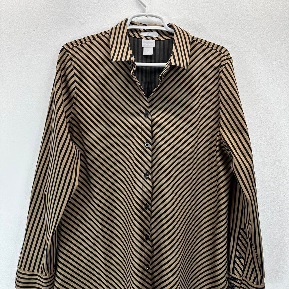 Chico's Striped Long Sleeve Button Up Shirt Brown Black No Iron 2 Large